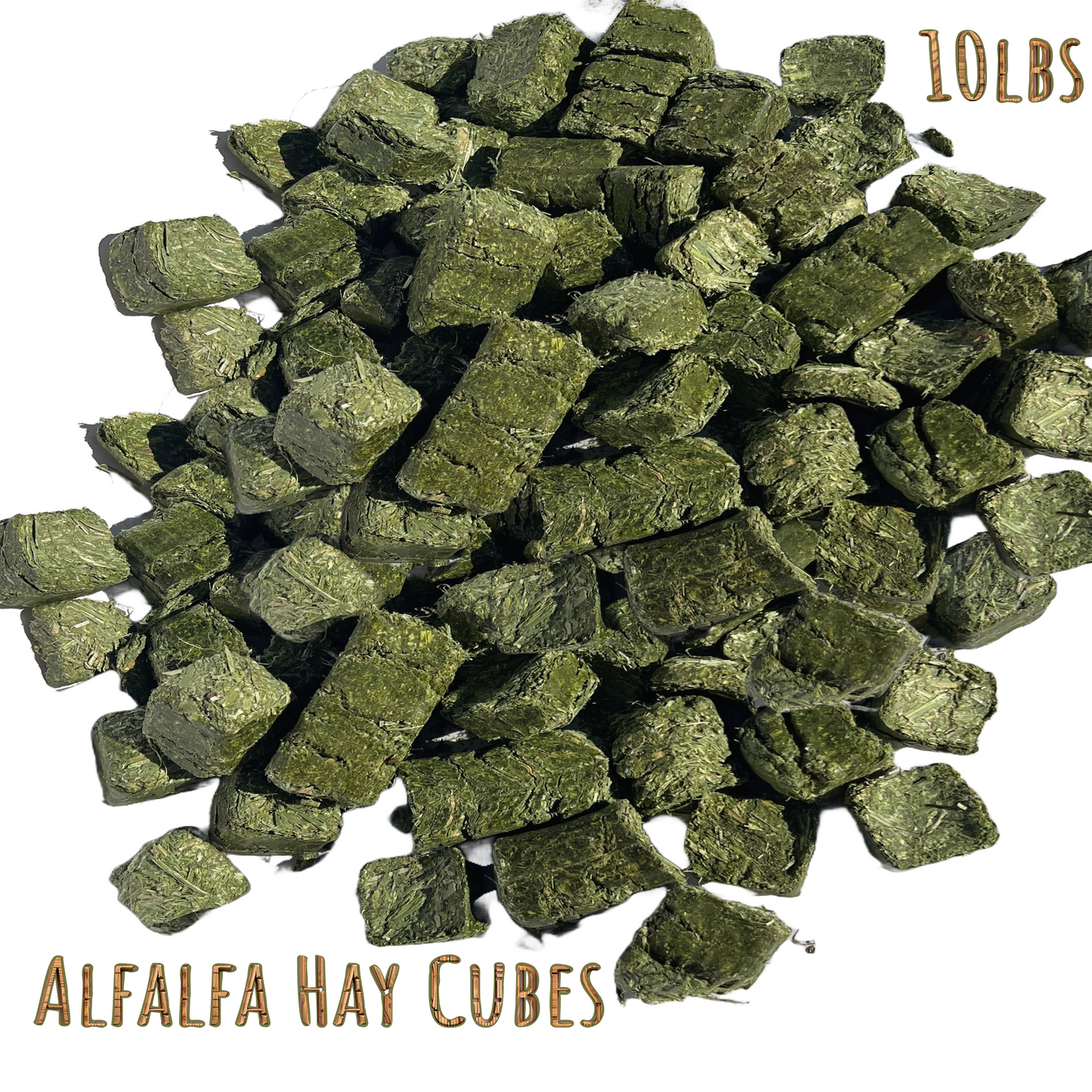 Alfalfa hay cubes with a 10 pound weight label on a white background