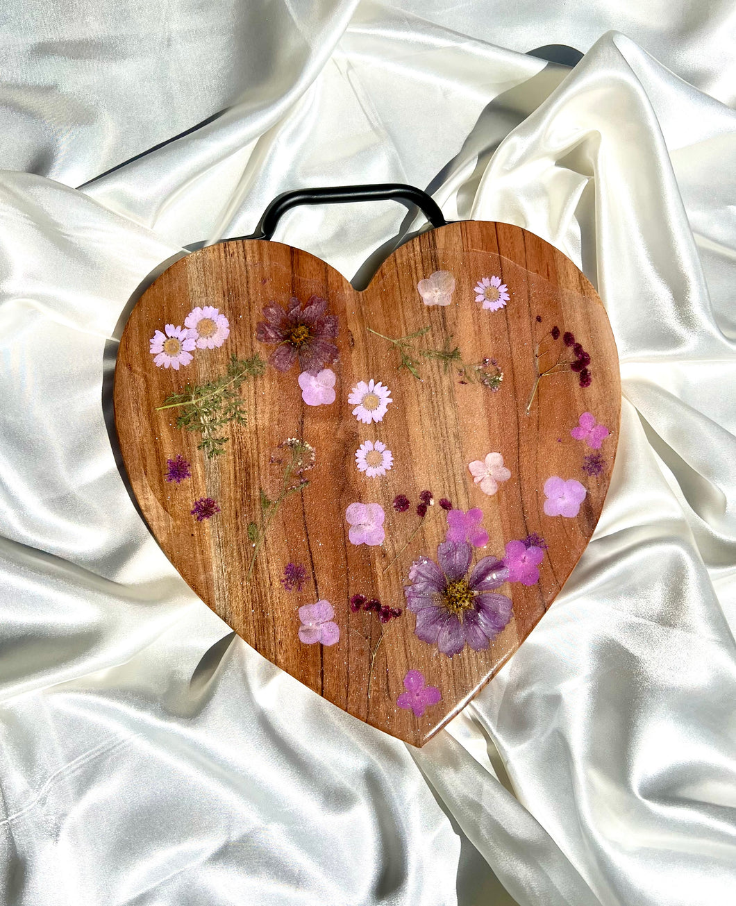 Heart Shaped Purple Flower Charcuterie Board | Silver Glitter Frosted Floral Resin Board | Serving Tray | Cheese Board | Wild Flower