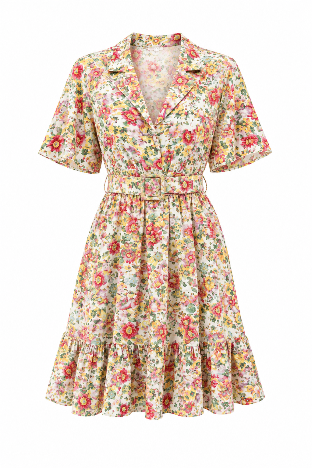 Women’s Floral Shirt Dress Multicolor Collared Short Sleeve Belted Knee Length