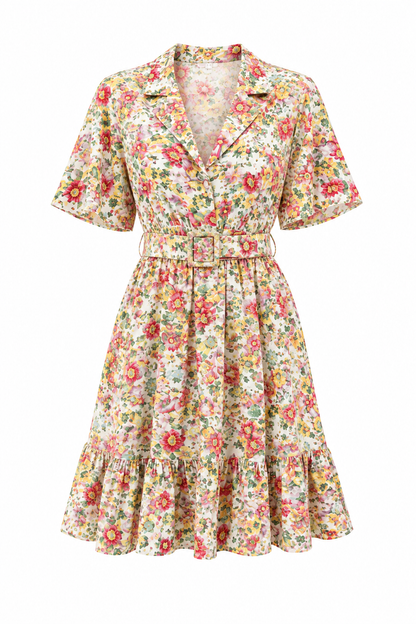 Women’s Floral Shirt Dress Multicolor Collared Short Sleeve Belted Knee Length