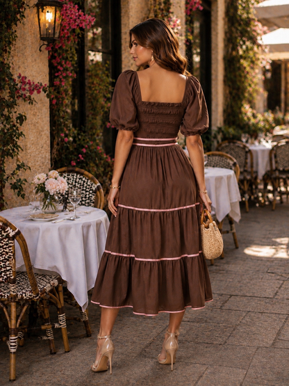 Women’s Brown/Pink Square Neck Puff Sleeve Smocked Bow Trim A-Line Midi Dress