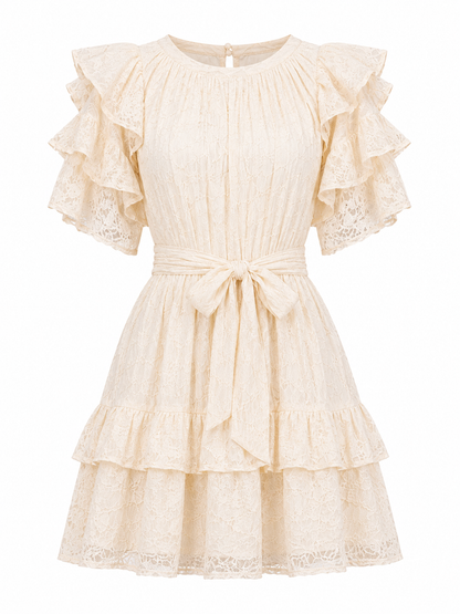 Women’s Ivory Girl Next Door Ruffle Flutter Sleeve Tie Waist Mini Dress