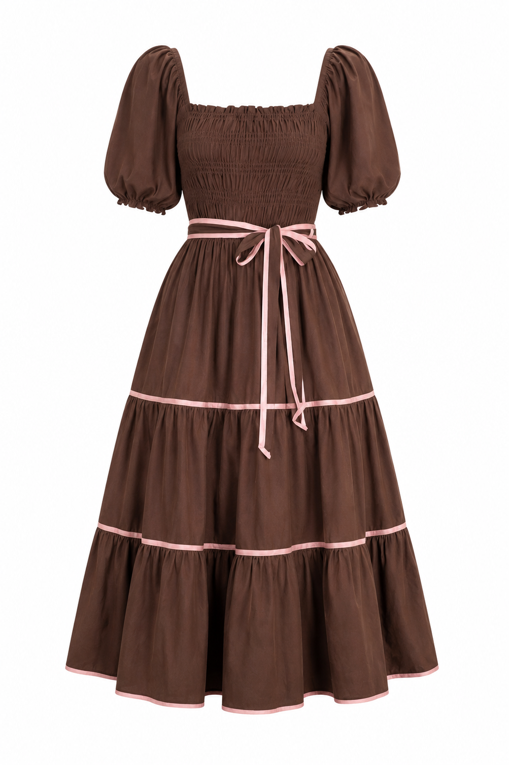 Women’s Brown/Pink Square Neck Puff Sleeve Smocked Bow Trim A-Line Midi Dress
