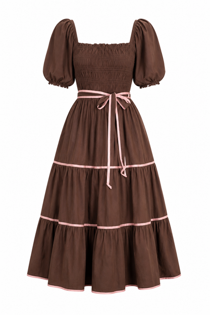 Women’s Brown/Pink Square Neck Puff Sleeve Smocked Bow Trim A-Line Midi Dress