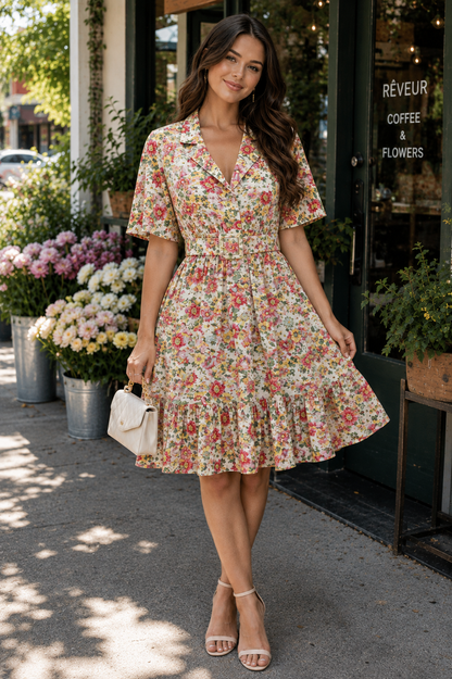 Women’s Floral Shirt Dress Multicolor Collared Short Sleeve Belted Knee Length