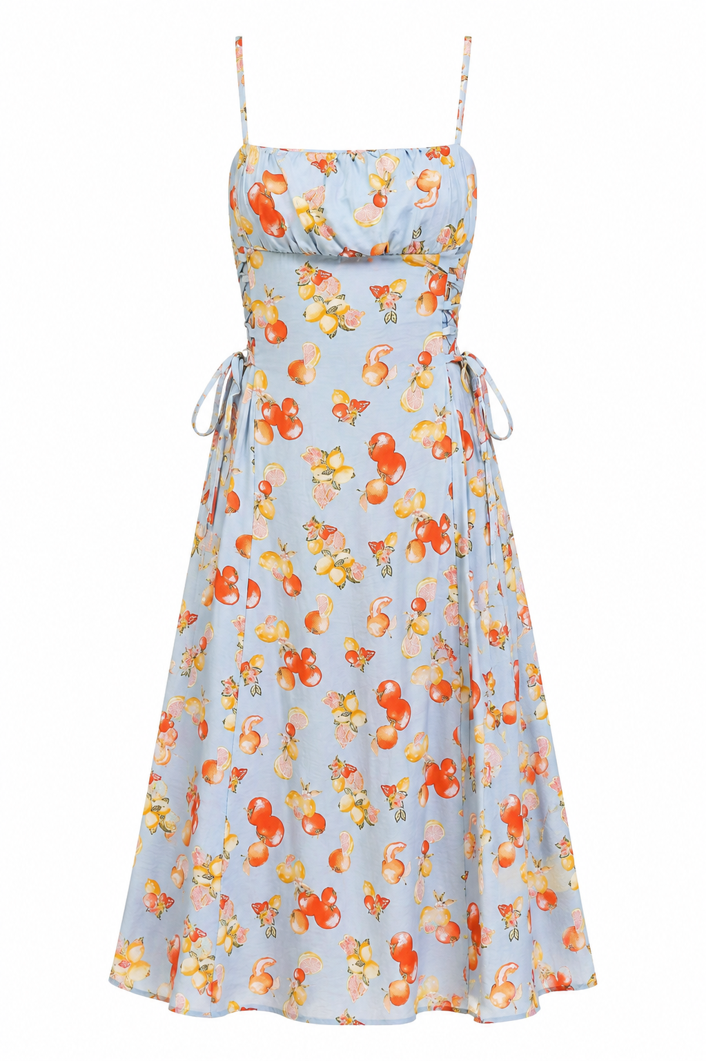 Floral dress with orange and yellow flowers on a light blue background