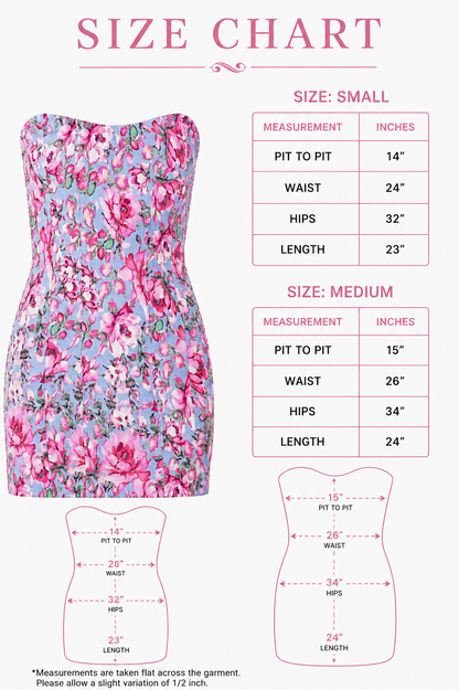 Blue Pink Floral Mini Dress Size Chart
