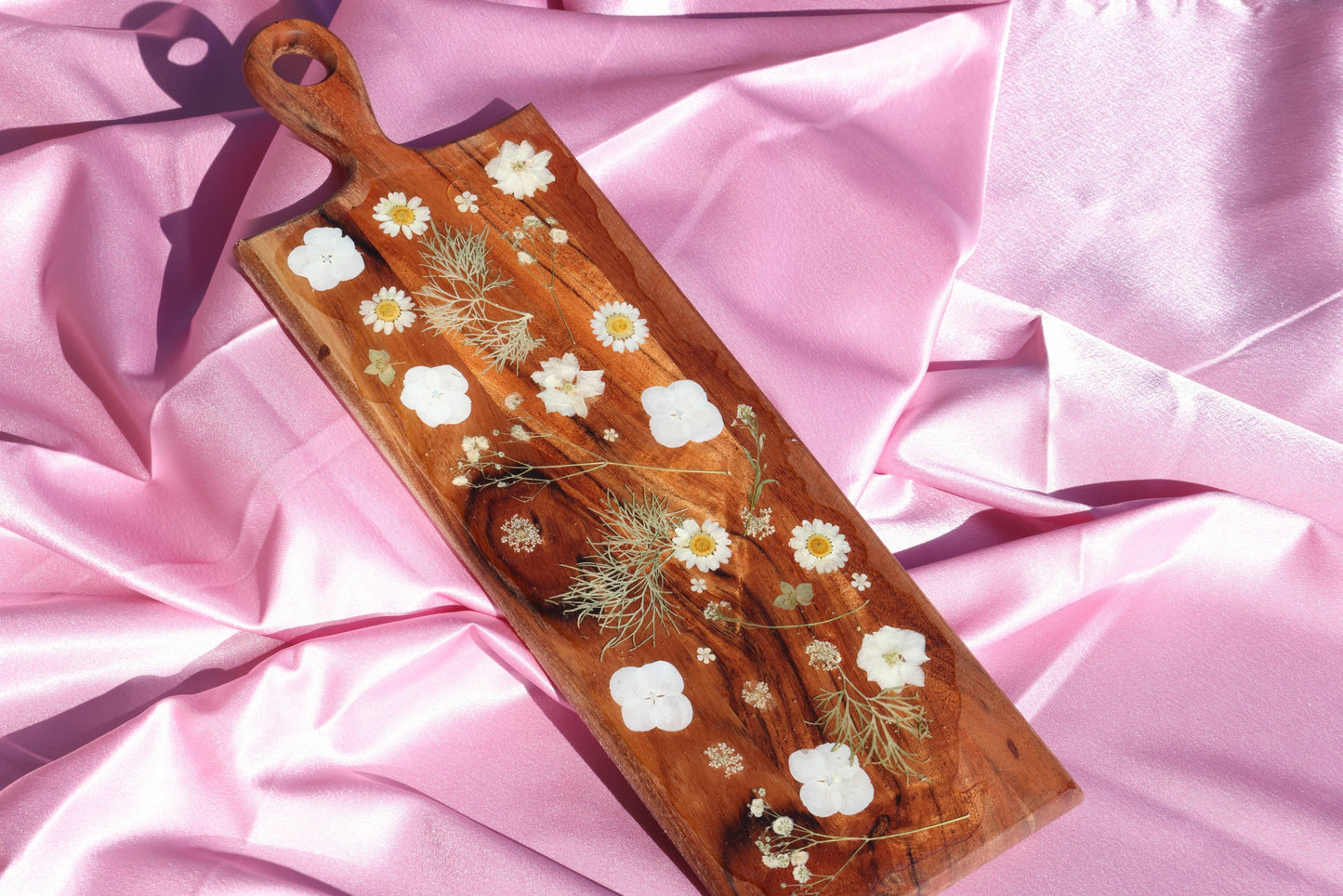 White Flower Charcuterie Board with Handle | Floral Resin Board | Serving Tray | Cheese Board | Wild Flower