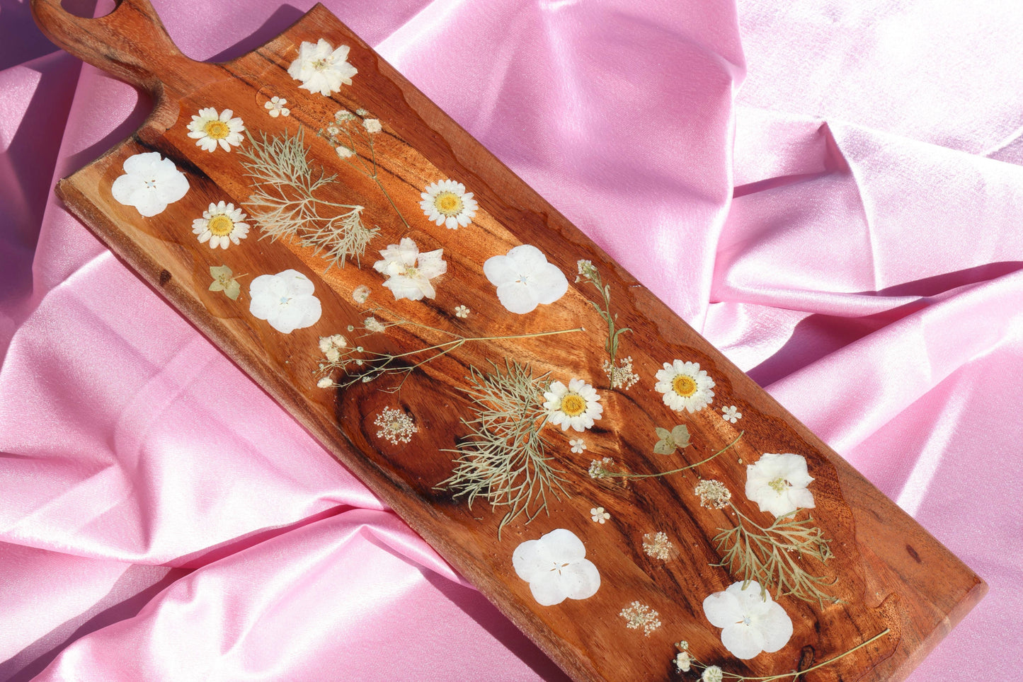 White Flower Charcuterie Board with Handle | Floral Resin Board | Serving Tray | Cheese Board | Wild Flower