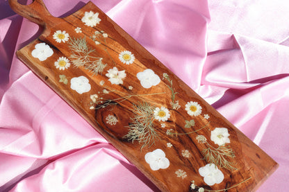 White Flower Charcuterie Board with Handle | Floral Resin Board | Serving Tray | Cheese Board | Wild Flower
