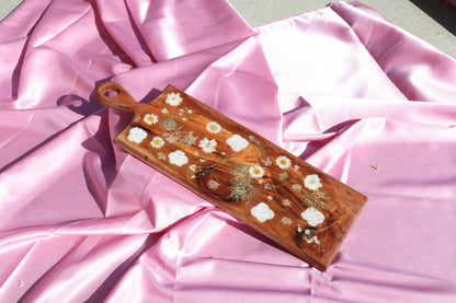 White Flower Charcuterie Board with Handle | Floral Resin Board | Serving Tray | Cheese Board | Wild Flower