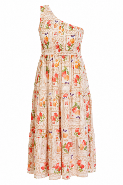 One-shoulder dress with floral pattern on a white background