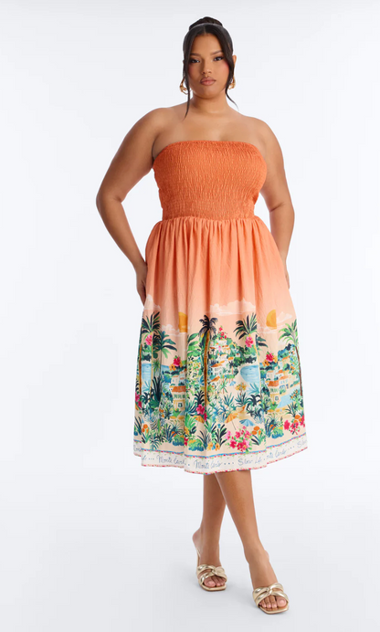 Baja Sunset Strapless Midi Dress