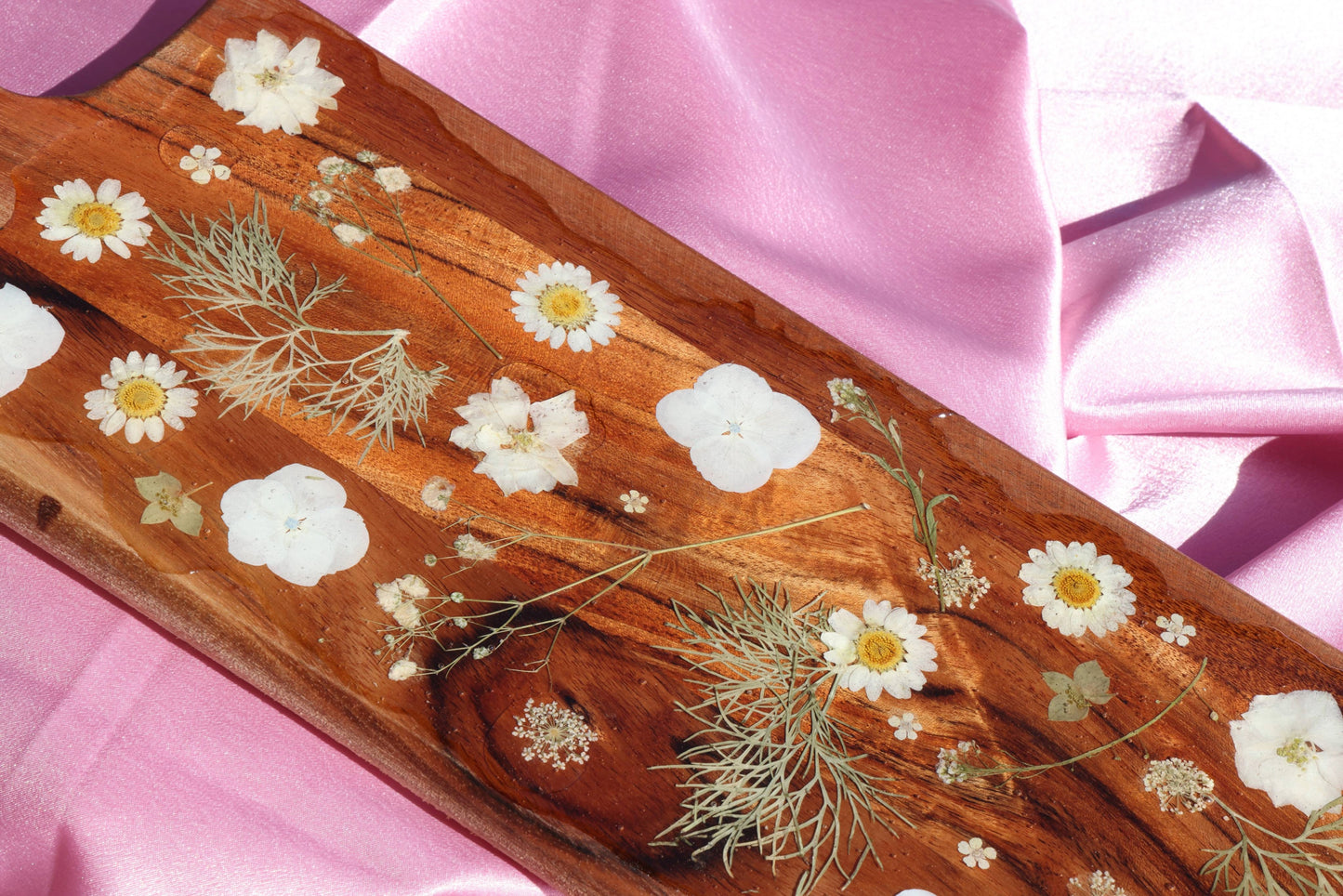 White Flower Charcuterie Board with Handle | Floral Resin Board | Serving Tray | Cheese Board | Wild Flower