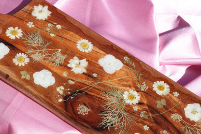 White Flower Charcuterie Board with Handle | Floral Resin Board | Serving Tray | Cheese Board | Wild Flower
